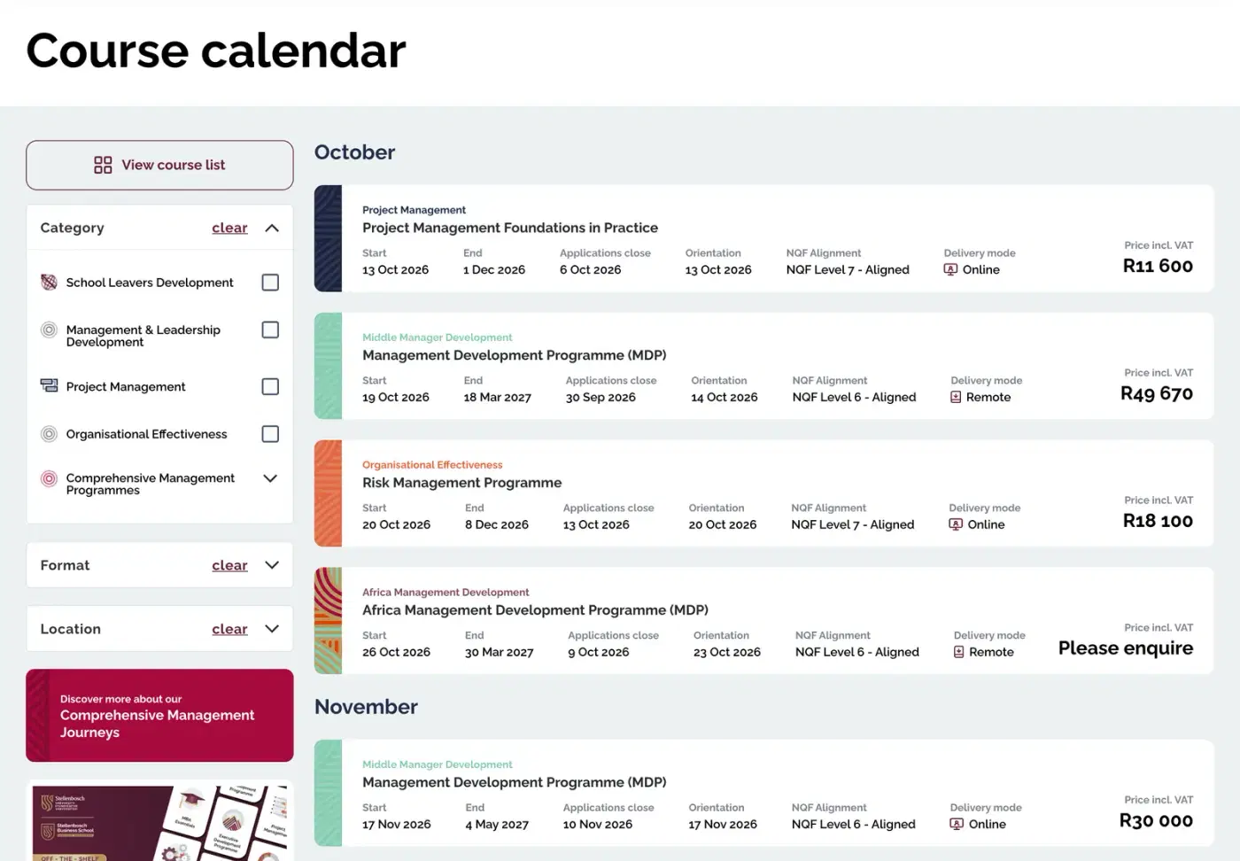The Course calendar page. Courses are grouped under October and November, each row carrying the course name in its category colour, the start and end dates, when applications close, orientation, NQF alignment, delivery mode and price.