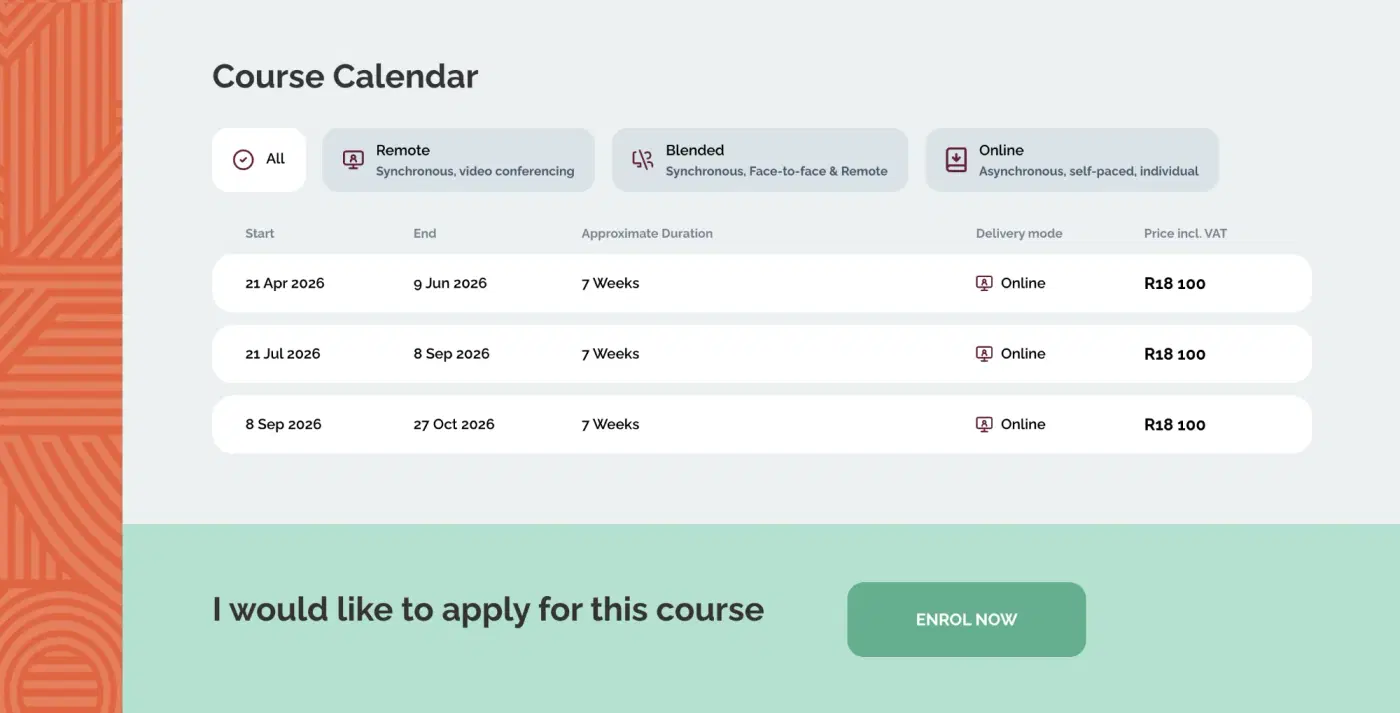 The Course Calendar section of a course page. Four tabs filter by delivery mode: all, remote, blended and online. Below them, three intakes list their start and end dates, duration, delivery mode and price, above a green call to action reading I would like to apply for this course.