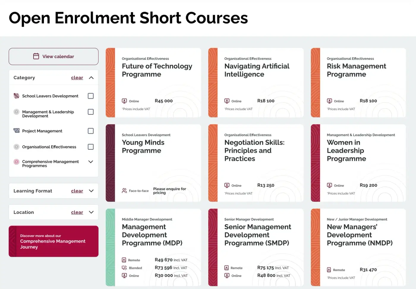 The Open Enrolment Short Courses page. Category, format and location filters sit down the left, beside rows of course cards. Each card has a coloured, patterned spine for its category, a title, a delivery-mode icon and a price or an invitation to enquire.