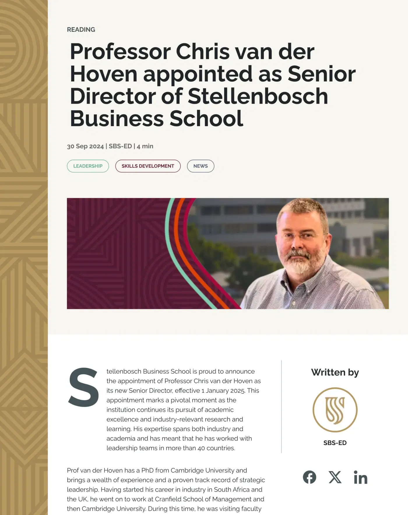 The top of an article in the redesigned template. The title and byline sit above three topic tags and a wide banner photograph, and the body opens on a drop cap beside a Written by column with the author mark and share links.