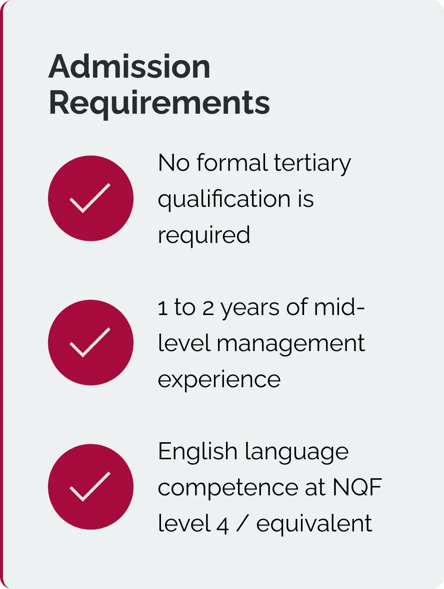An admission requirements panel with three ticked items: no formal tertiary qualification, one to two years of mid-level management experience, and English language competence.