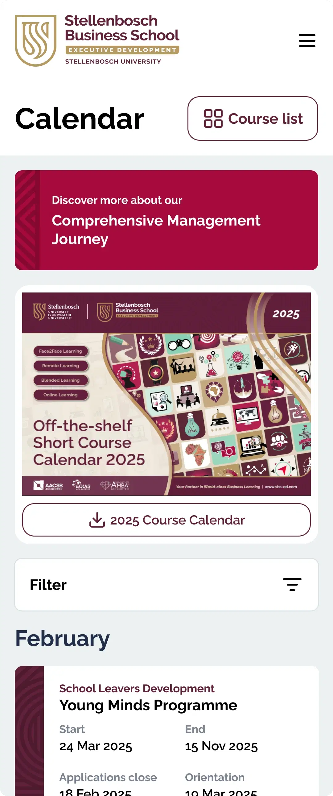 The course calendar on a phone: a Course list button, a promotional banner, a filter control and course entries grouped under a month.