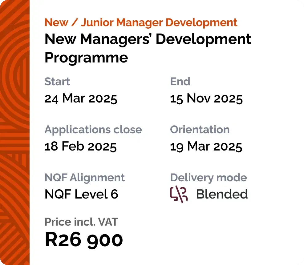 A calendar entry for the New Managers' Development Programme on a phone, with start and end dates, applications close, orientation, NQF level, delivery mode and price.