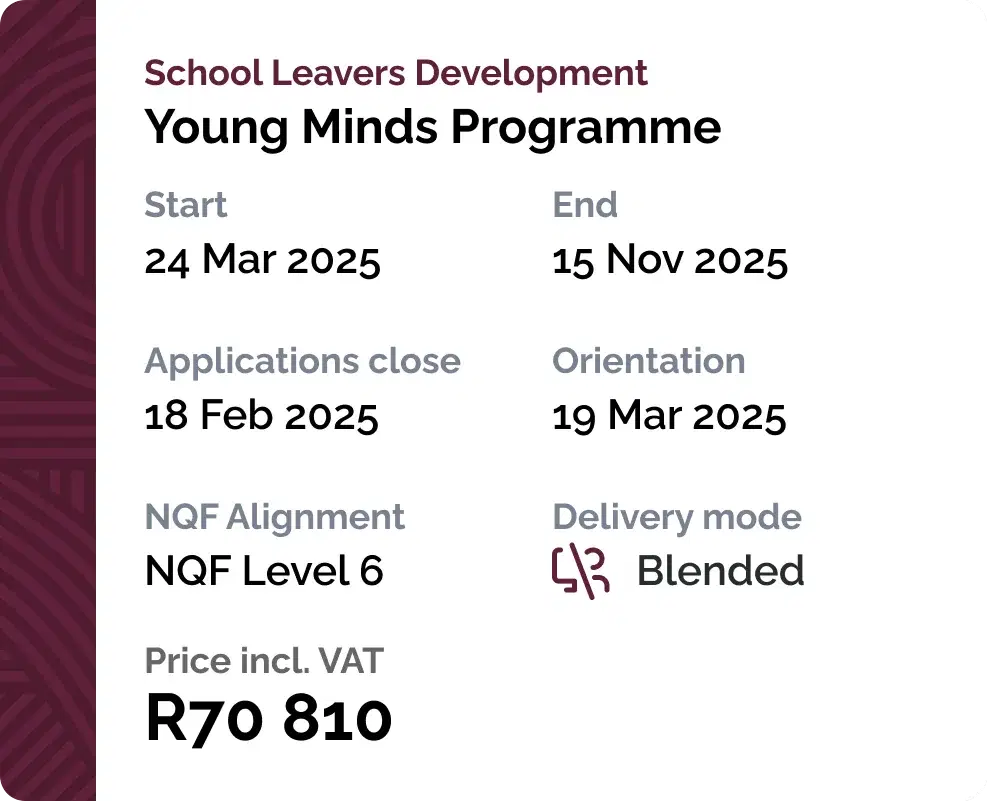 A calendar entry for the Young Minds Programme on a phone, with start and end dates, applications close, orientation, NQF level, delivery mode and price.