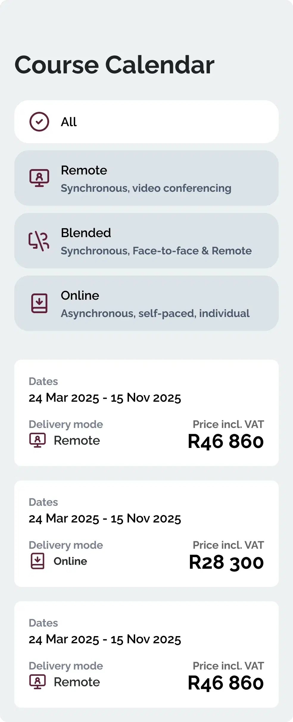 The calendar embedded on a course page: delivery-mode tabs above a list of intakes, each with its dates, delivery mode and price.