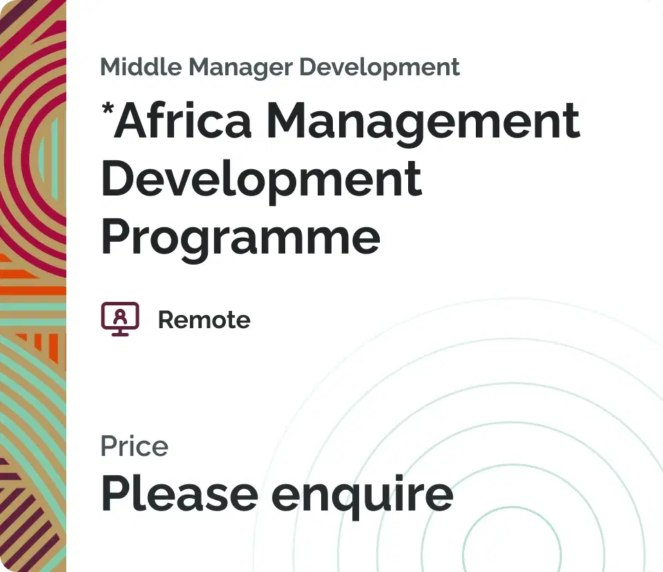 Course card for the Africa Management Development Programme, with a patterned spine and Please enquire in place of a price.
