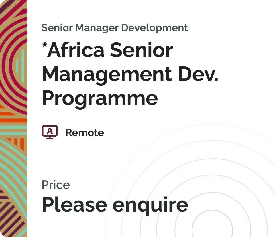 Course card for the Africa Senior Management Development Programme, with a patterned spine and Please enquire in place of a price.