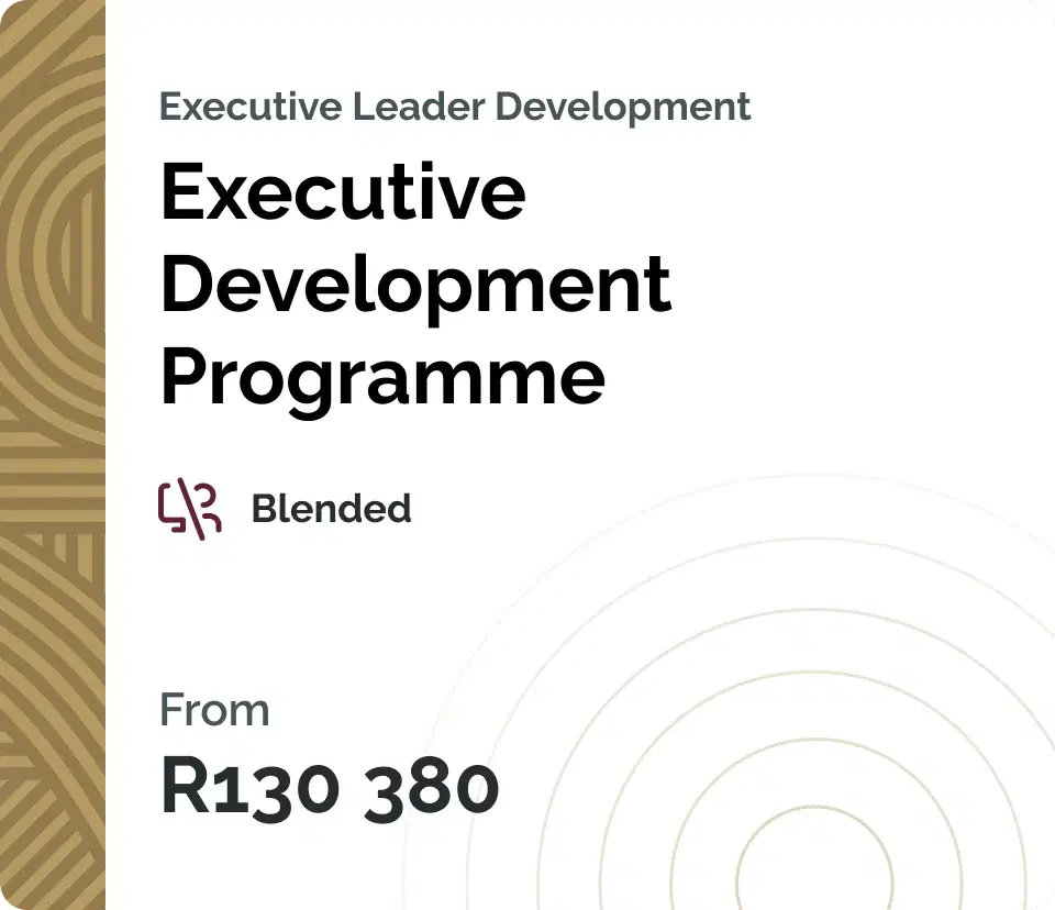 Course card for the Executive Development Programme, with a gold patterned spine, the blended delivery icon and a starting price.
