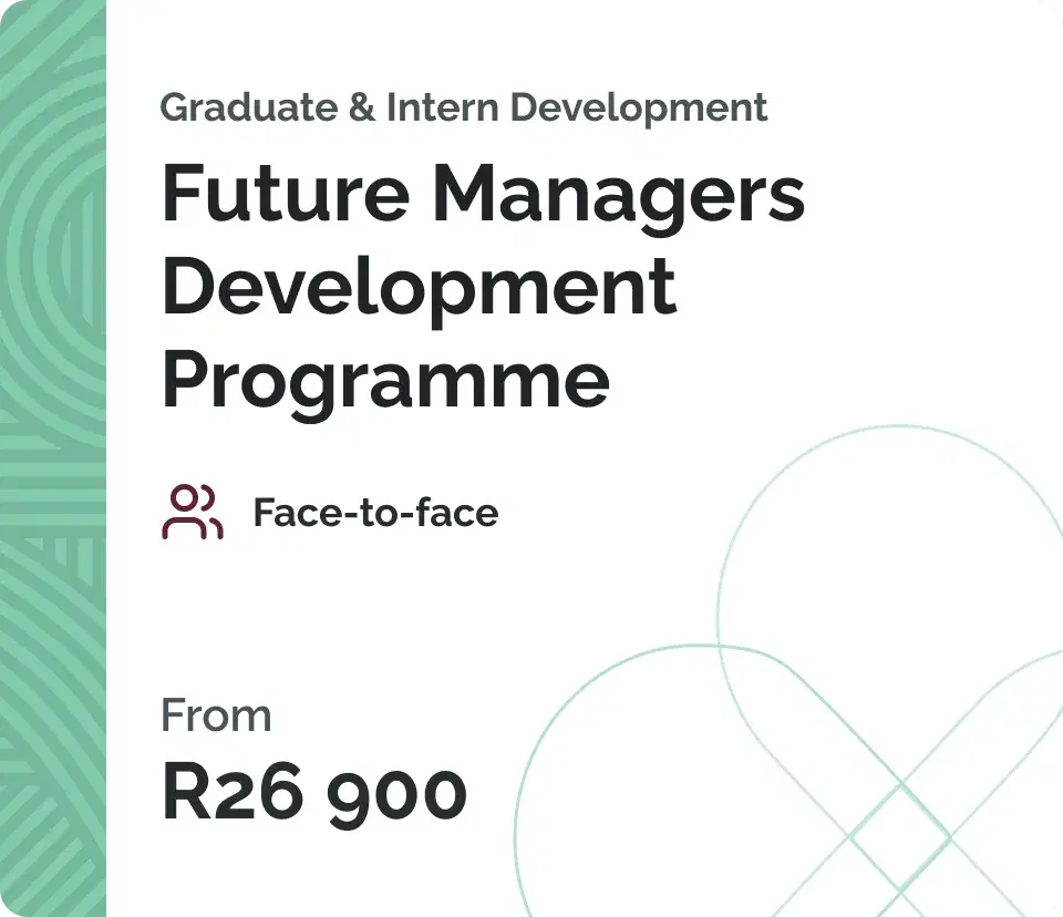 Course card for the Future Managers Development Programme, with a green patterned spine, a face-to-face icon and a starting price.