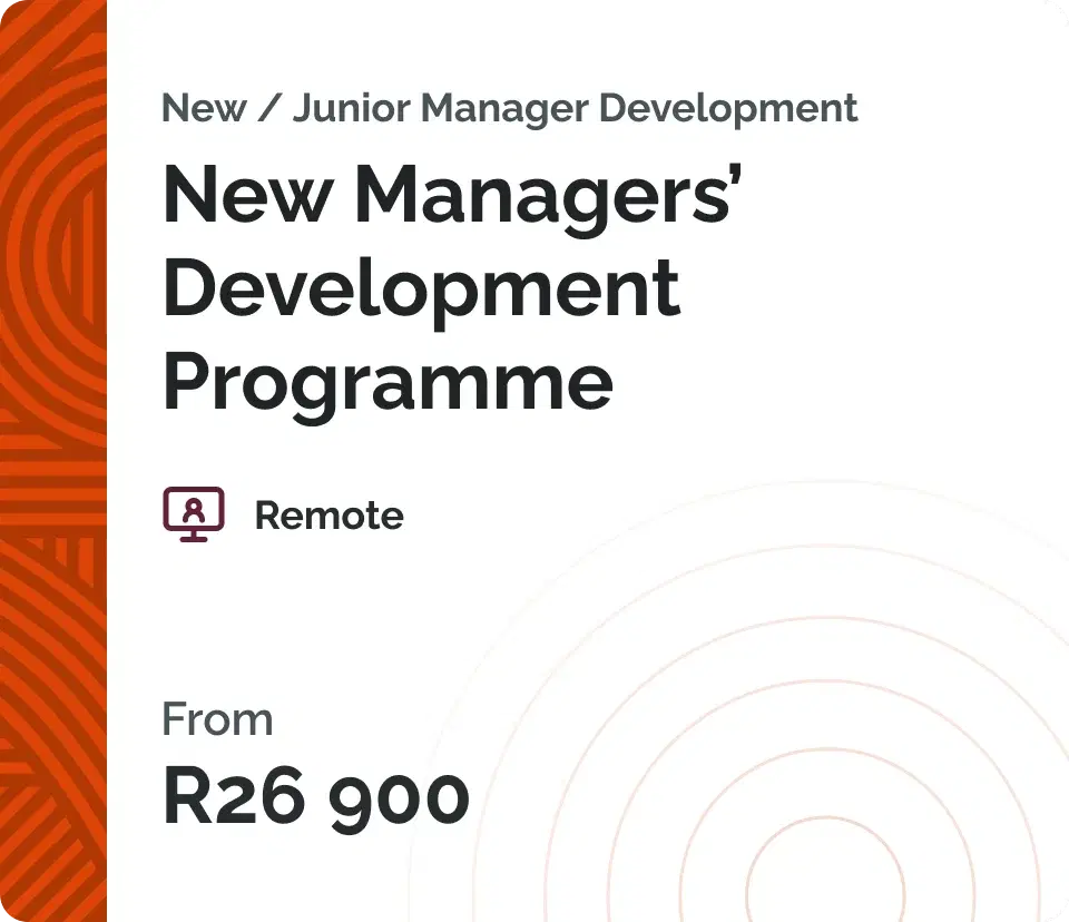Course card for the New Managers' Development Programme: an orange patterned spine, the remote delivery icon and a starting price.