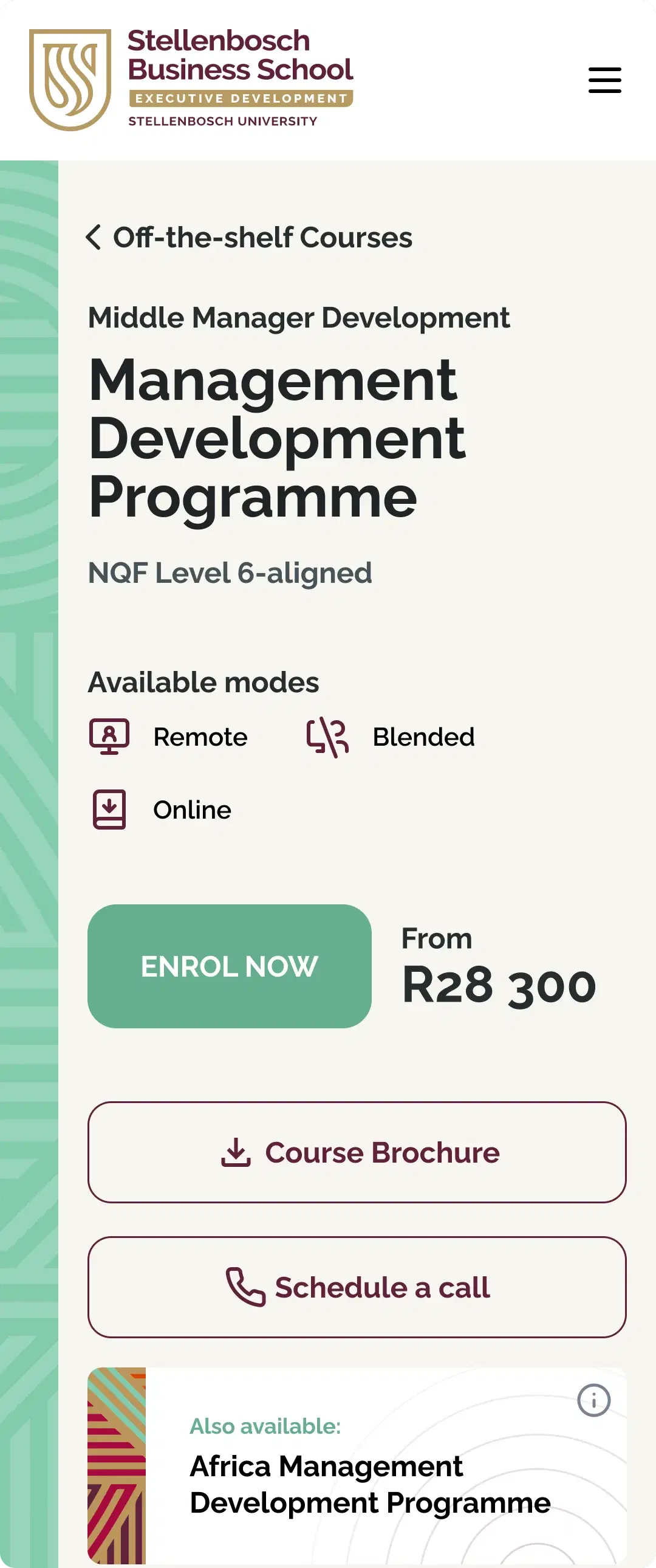 A course page on a phone: the Management Development Programme with its available delivery modes, an Enrol now button, and brochure and call actions.