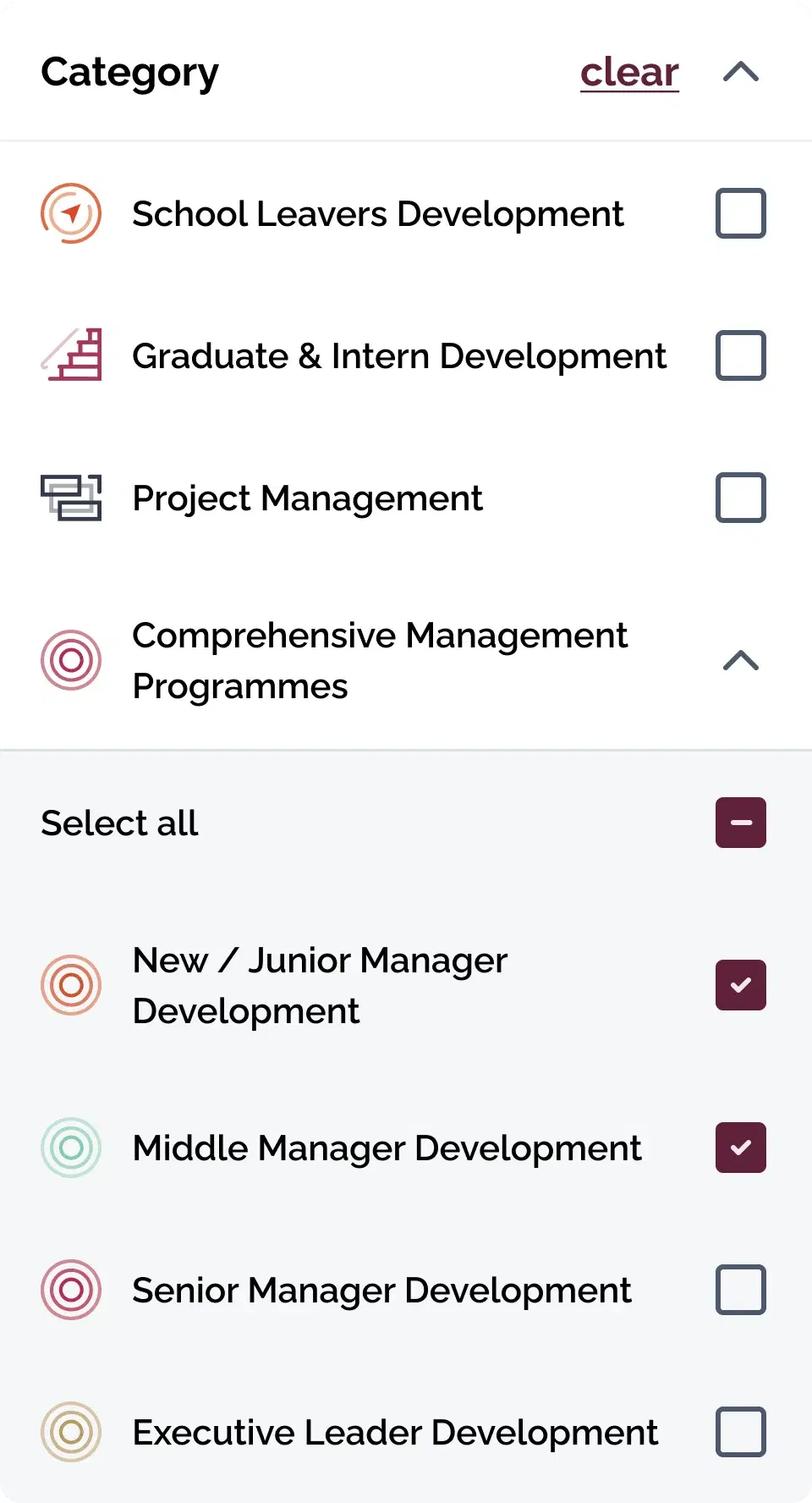 The category filter with the comprehensive management group opened, listing the new, middle, senior and executive leader programmes under a select all control.