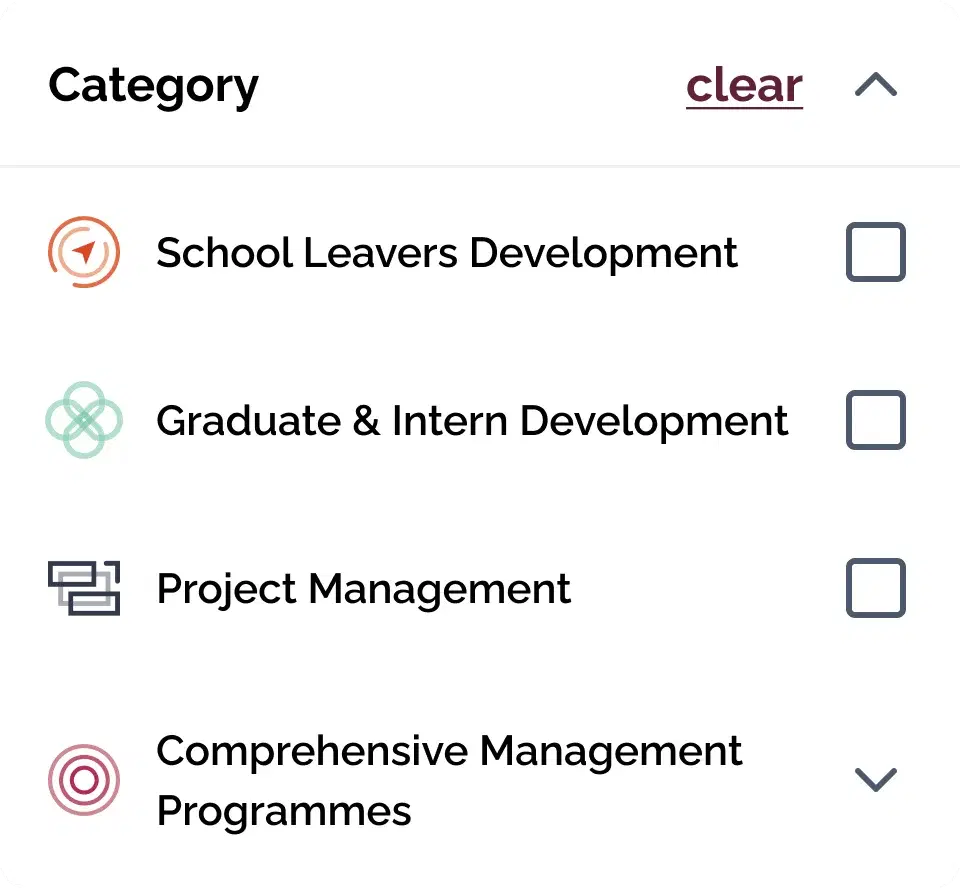 Course list filter by category, listing School Leavers Development, Graduate and Intern Development, Project Management and Comprehensive Management Programmes, each with a checkbox.