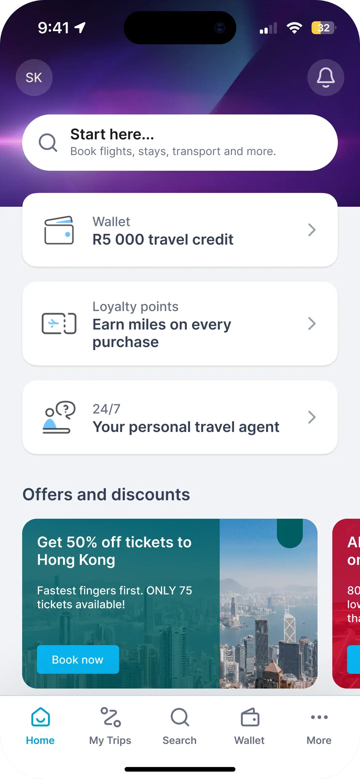The Travelstart app home screen. A search field reads Start here, book flights, stays, transport and more. Under it are three rows: a wallet holding R5 000 travel credit, loyalty points, and a 24/7 personal travel agent. An Offers and discounts carousel and a five-item tab bar close the screen.