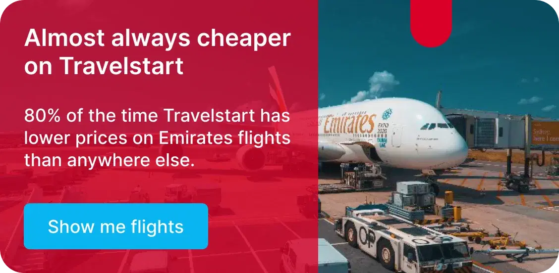 A promotional banner reading Almost always cheaper on Travelstart, with a Show me flights button beside a photograph of an Emirates aircraft at a gate.
