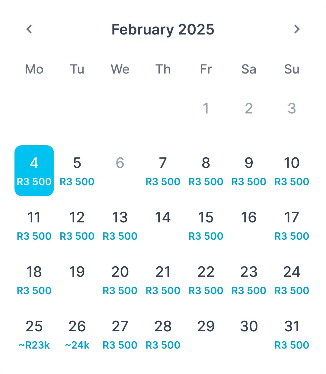 A month calendar for February 2025 with a fare printed under each date and the fourth selected.
