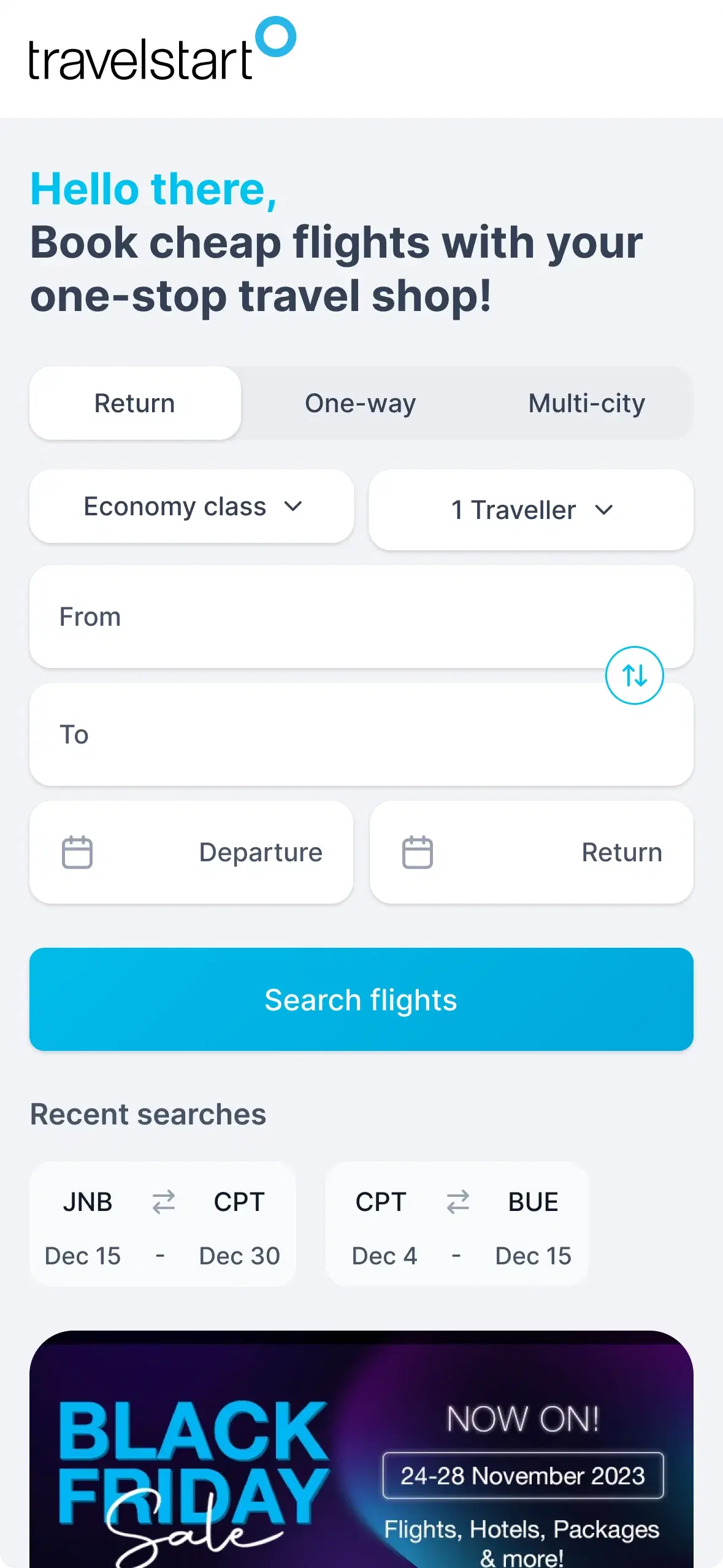 The Travelstart home page on a phone. Under the wordmark and a greeting sits the flight search: return, one-way and multi-city tabs, class and traveller menus, From and To fields, departure and return dates and a Search flights button, then recent searches and a Black Friday banner.