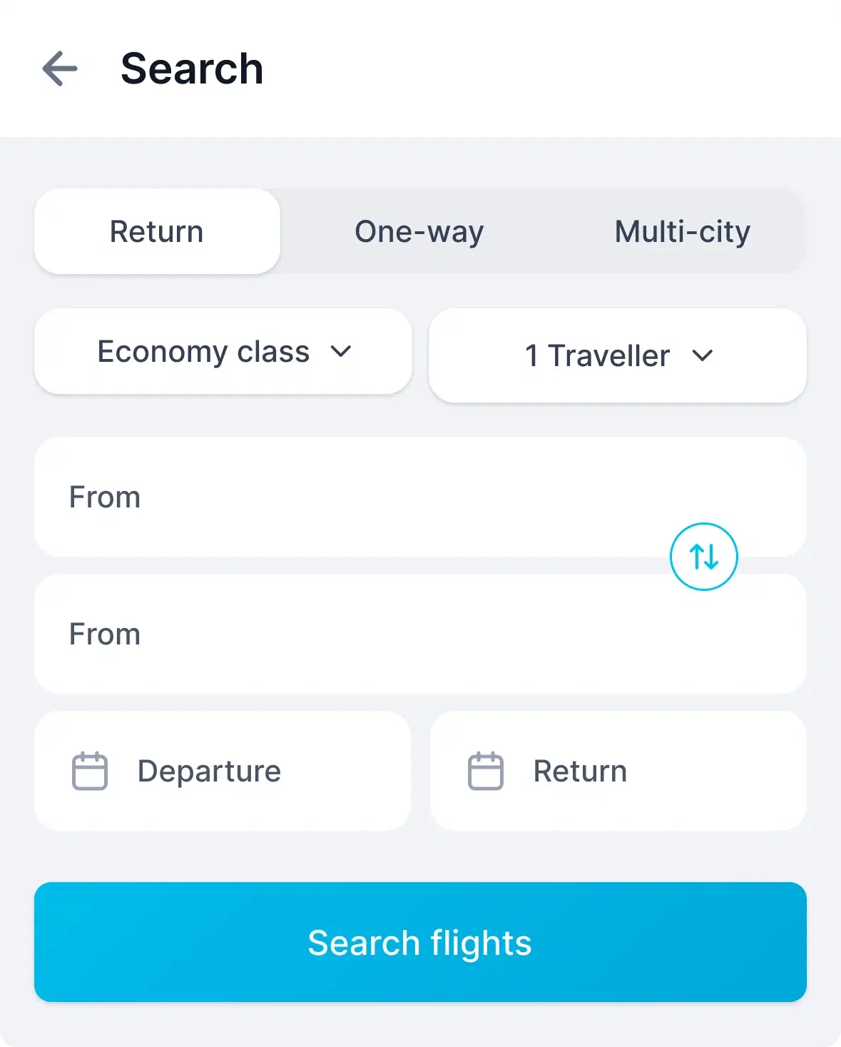 A Search screen: return, one-way and multi-city tabs, menus for economy class and one traveller, two airport fields with a swap control, departure and return date fields and a Search flights button.